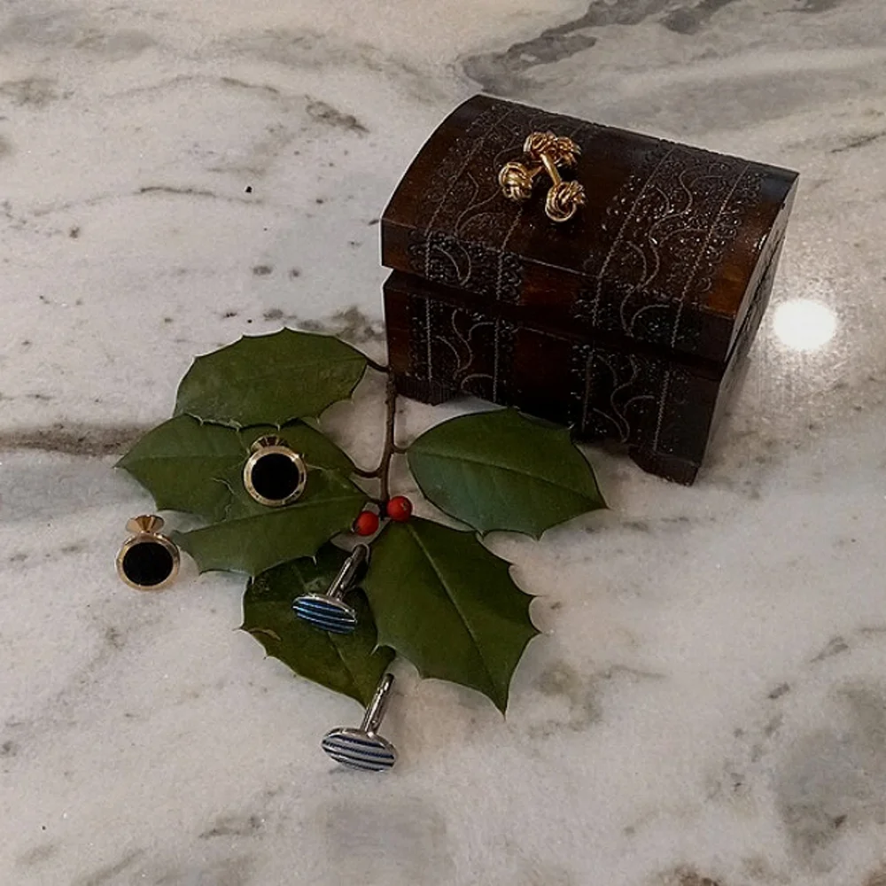 Personalized Silver cufflinks for Tuxedo Shirt set of 3 blue stripe, black, knot
